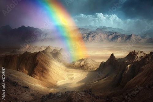 Rainbow meets land in misty mountainous desert. Generative AI