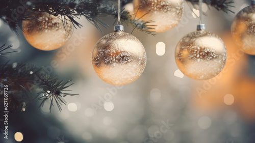 Decorative christmas baubles hanging from snowy fir branch. Bokeh background.