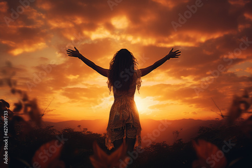 Seductive Summer Sunset. Sexy Woman with Opened Arms Embracing the Sun's Warmth. AI Generative Scene
