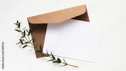Minimal composition,mockup for greeting card or holiday invitation,flat lay,copy space.Brown craft envelope,blank card for text,eucalyptus branch.Wedding invitation,christening,birthday,love letter.