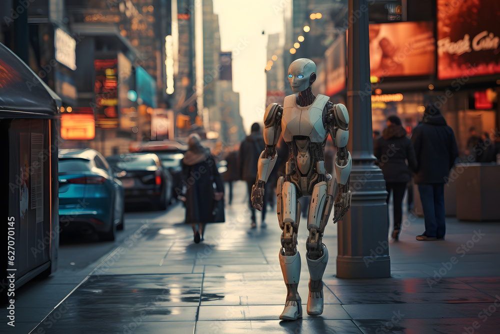 Humanoid robot walking in a crowded city street