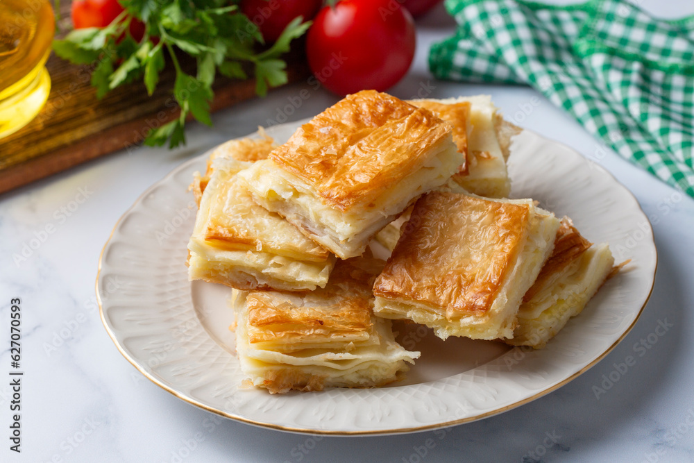 Delicious Turkish Tray pastry, Su boregi with cheese. Adana borek.