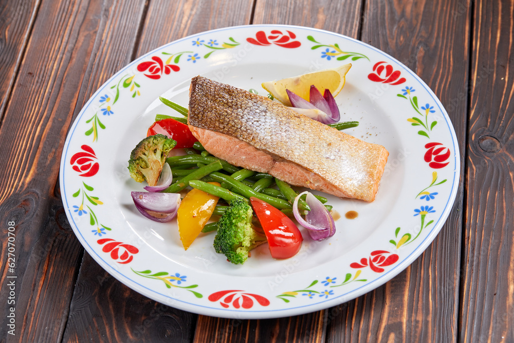 salmon steak with vegetables, top view salmon steak with vegetables, top view