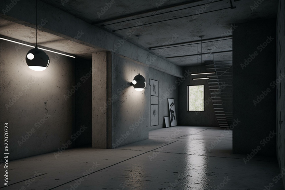 Contemporary subterranean basement with industrial lighting in a ...