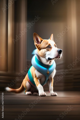 Dog with amazing posture dressed in blue coat, Generative Ai