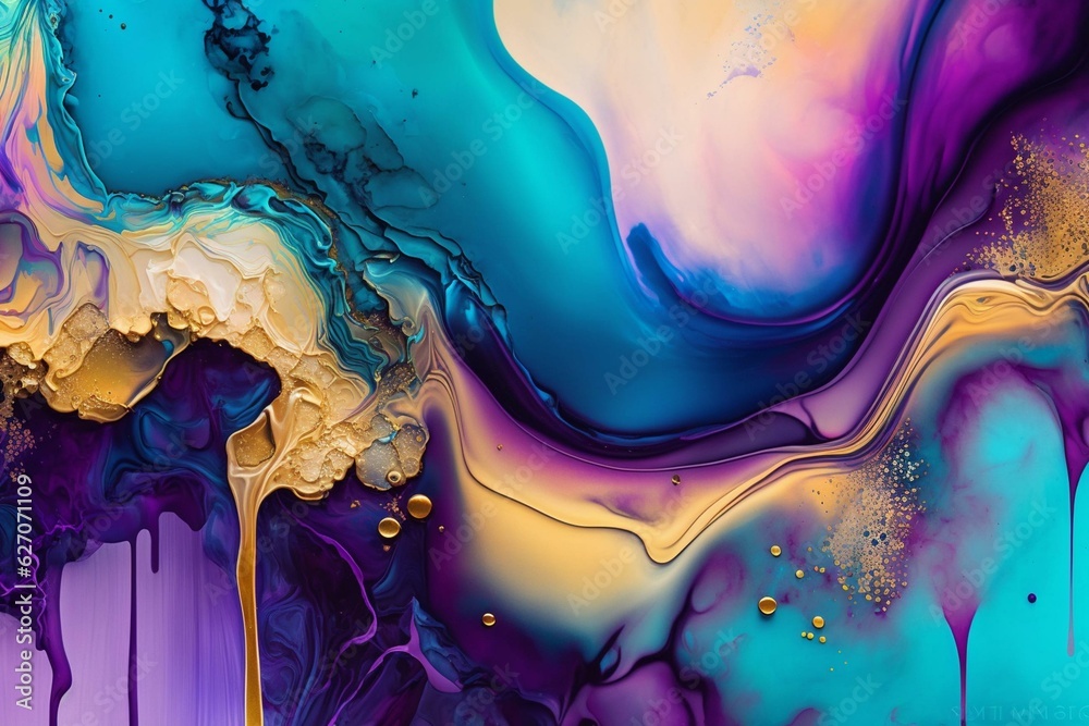 Futuristic fluid art using alcohol ink and paint to create a gentle colorful background. Luxurious and dynamic. Generative AI