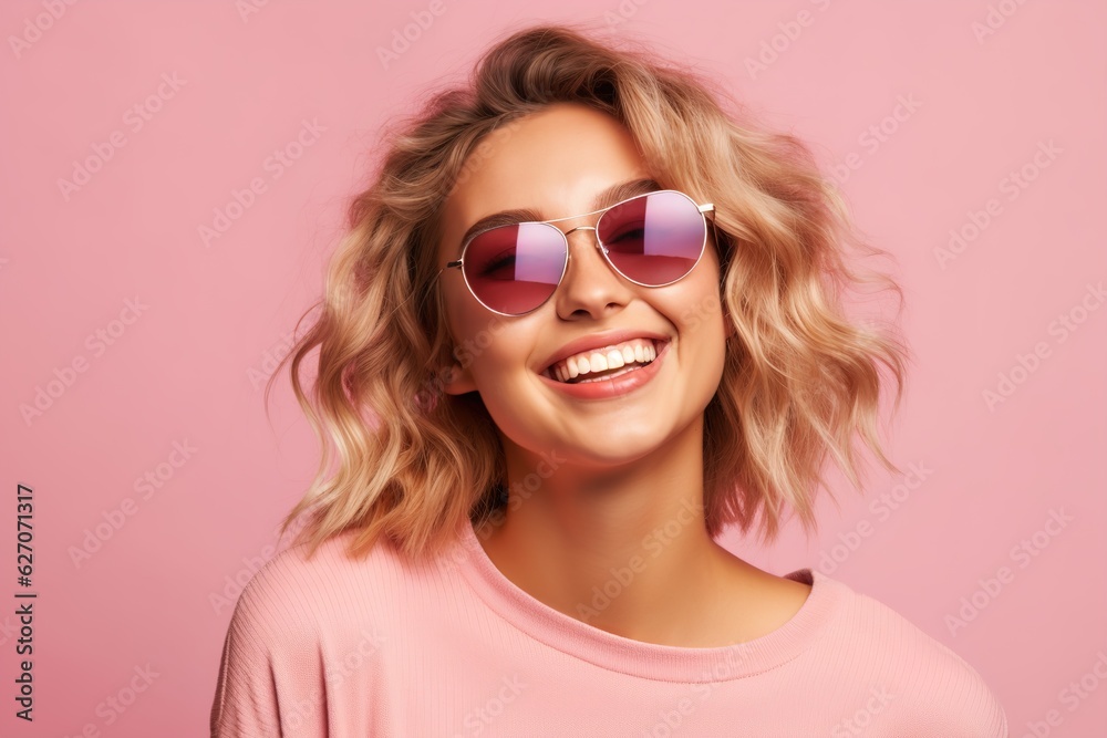 girl in sunglasses on a pink background 