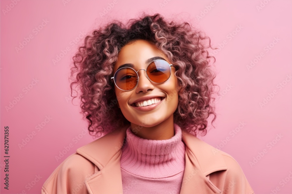 smiling pretty girl in sunglasses on a pink background 