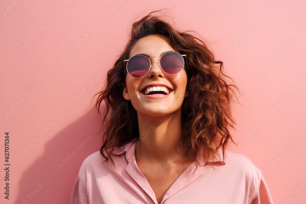smiling pretty girl in sunglasses on a pink background smiling pretty girl in sunglasses on a pink background