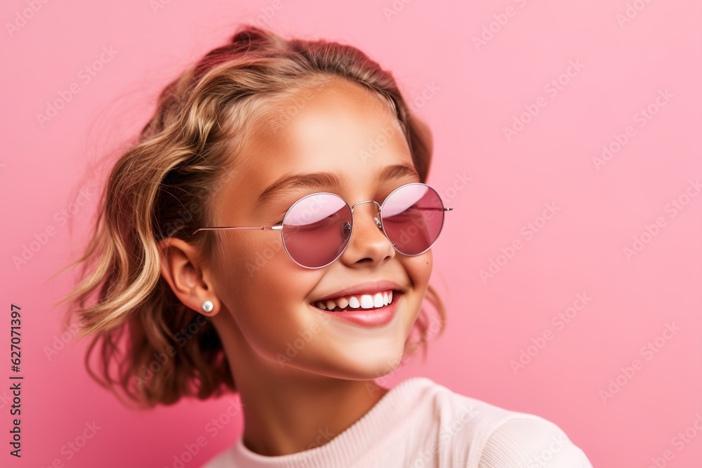 smiling pretty girl in sunglasses on a pink background smiling pretty girl in sunglasses on a pink background