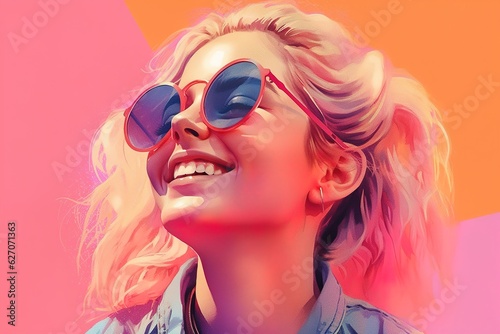 smiling pretty girl in sunglasses on a pink background 