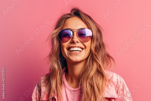 smiling pretty girl in sunglasses on a pink background 