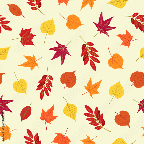 Fall leaves autumn seamless pattern. Hand drawn leaves maple, birch, rowan. Season fall repeat design seamless pattern tile, fabric swatch, wrapping paper print. Autumnal background abstract design.