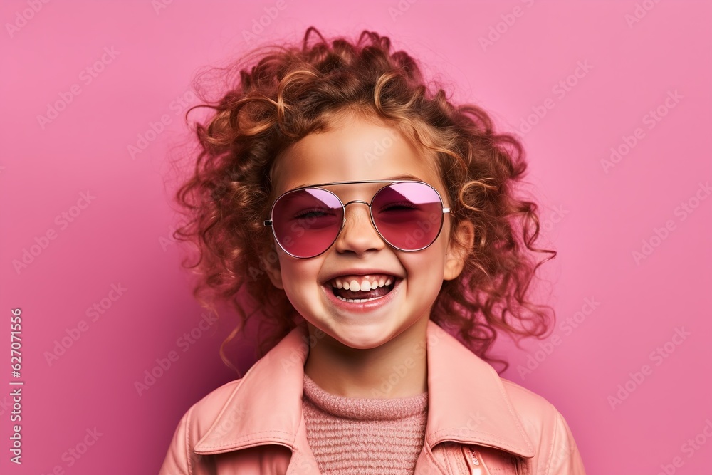 pretty girl in sunglasses on a pink background smiling widely pretty girl in sunglasses on a pink background smiling widely