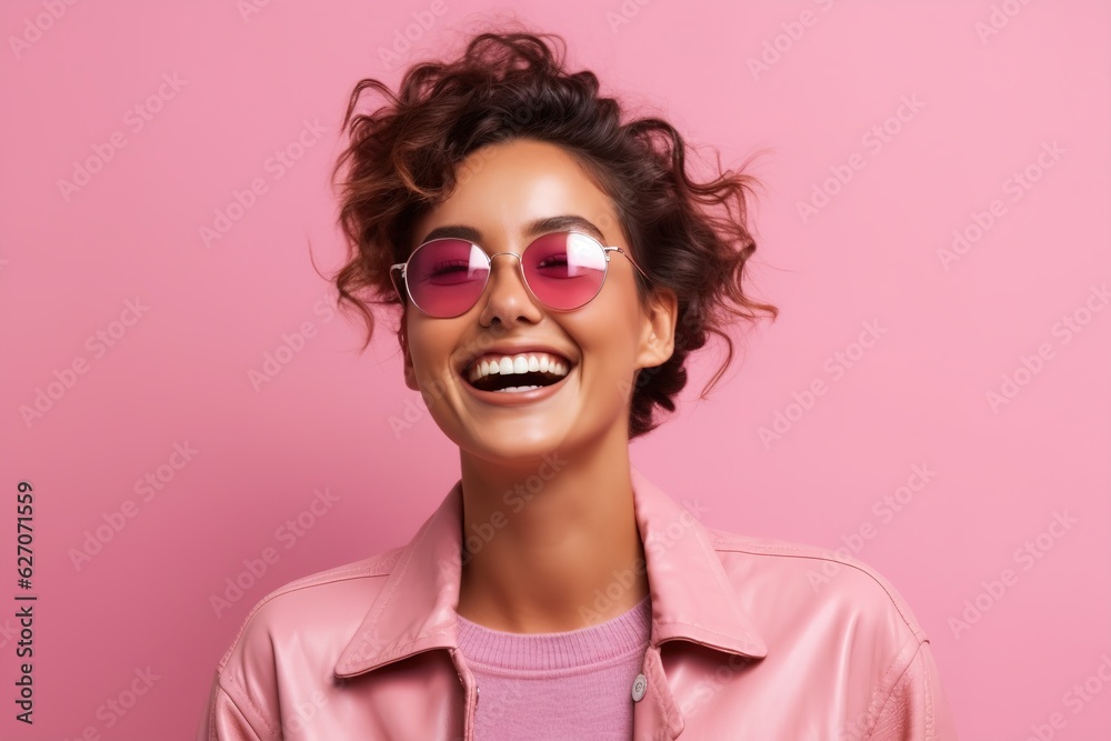 pretty girl in sunglasses on a pink background smiling widely pretty girl in sunglasses on a pink background smiling widely
