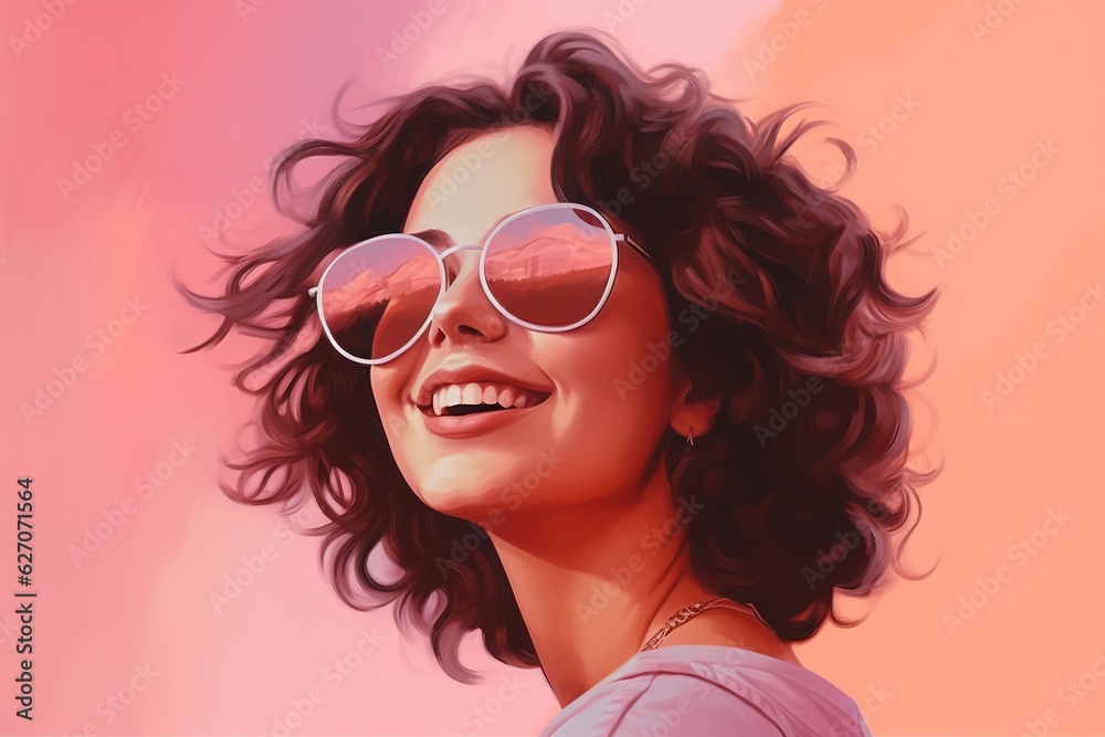 pretty girl in sunglasses on a pink background smiling widely pretty girl in sunglasses on a pink background smiling widely