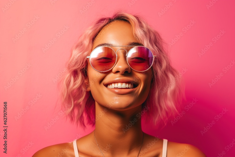 pretty girl in sunglasses on a pink background smiling widely pretty girl in sunglasses on a pink background smiling widely
