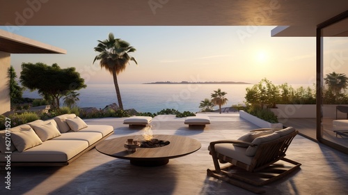  a living room filled with furniture and a view of the ocean. generative ai