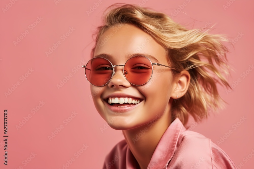 pretty girl in sunglasses on a pink background smiling widely pretty girl in sunglasses on a pink background smiling widely