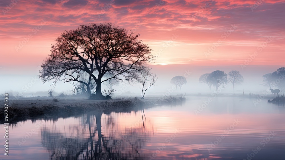 a lone tree stands in the middle of a misty lake. generative ai a lone tree stands in the middle of a misty lake. generative ai
