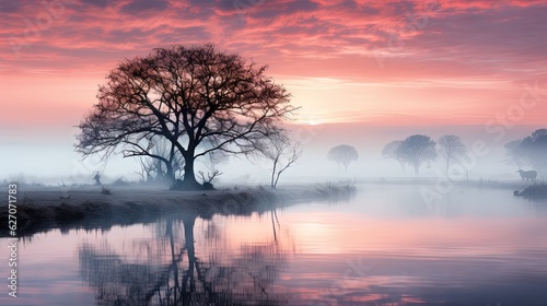  a lone tree stands in the middle of a misty lake.  generative ai