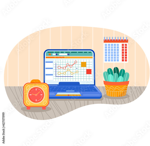 Vector laptop, clock, calendar, flower on desk