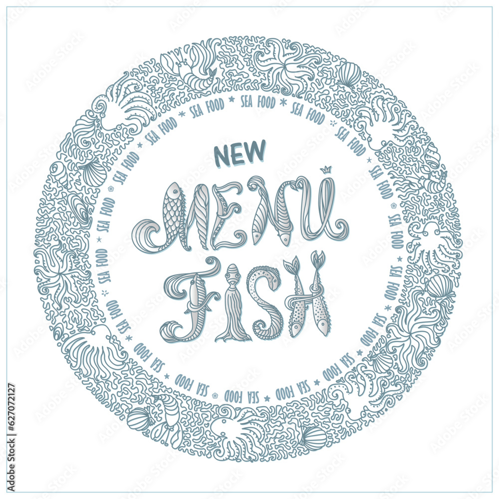 New Fish Menu. Vector logo sign, wreath from stylized starfish, octopus ...