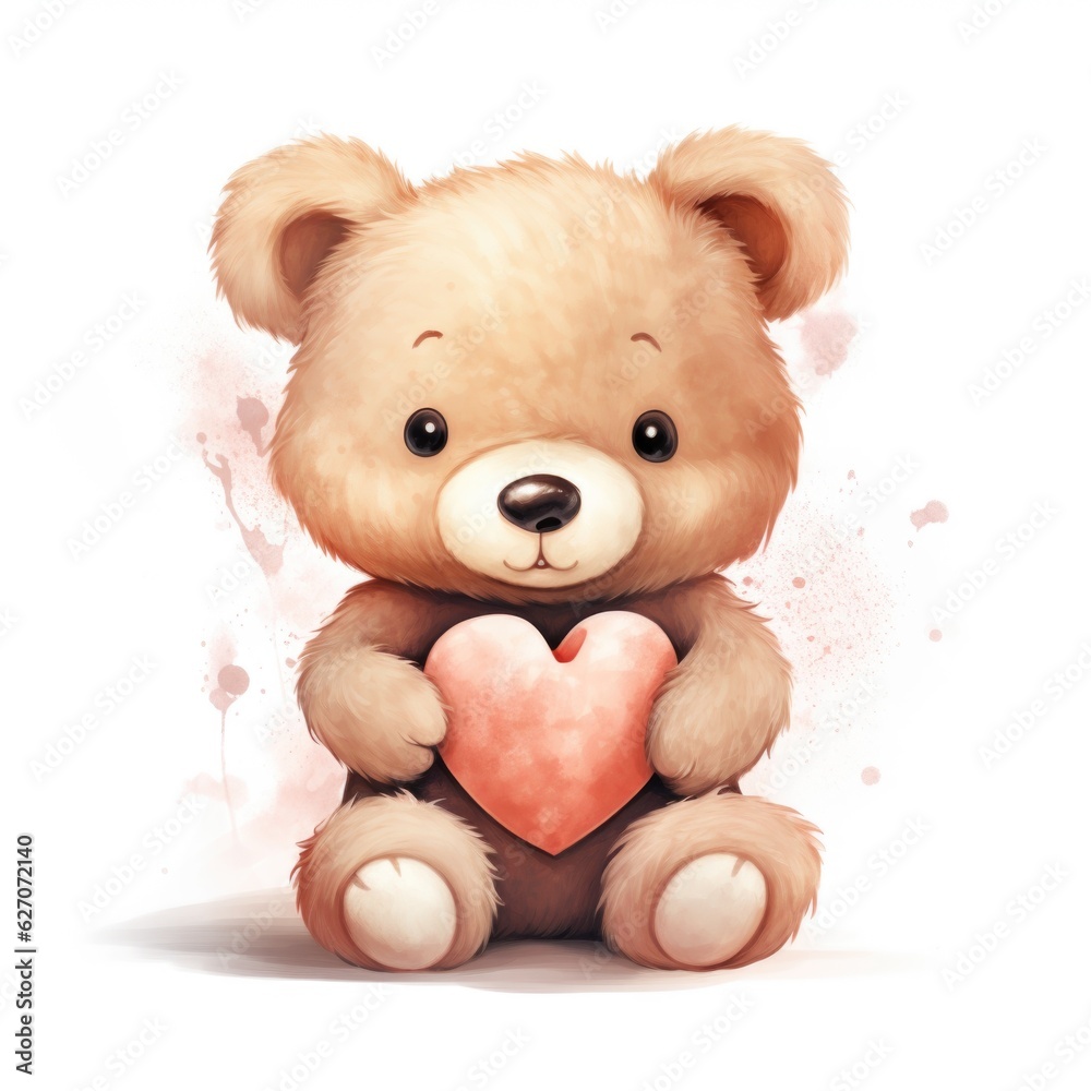 cute teddy bear with a heart in a watercolor style on a white background, Generative AI cute teddy bear with a heart in a watercolor style on a white background, Generative AI
