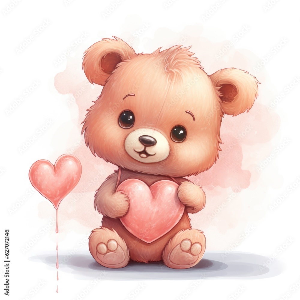 Fototapeta premium cute teddy bear with a heart in a watercolor style on a white background, Generative AI