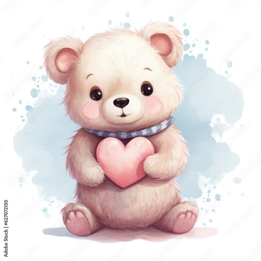 Fototapeta premium cute teddy bear with a heart in a watercolor style on a white background, Generative AI