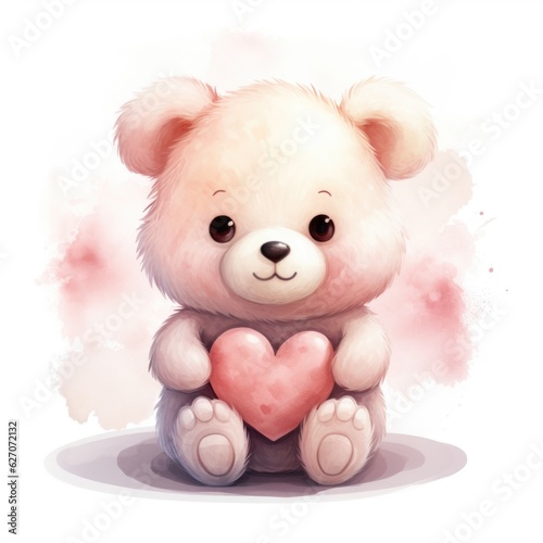 cute teddy bear with a heart in a watercolor style on a white background, Generative AI