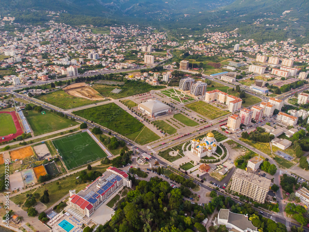 Town of Bar in Montenegro in summer. Church of Saint Jovan Vladimir aerial view