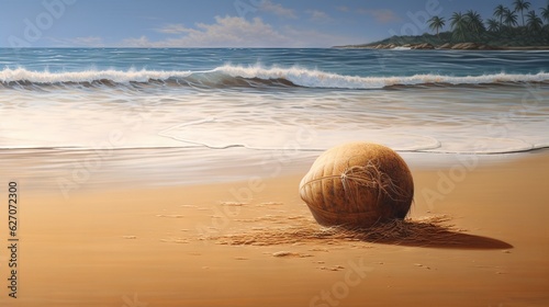  a painting of a coconut on a beach with waves coming in. generative ai