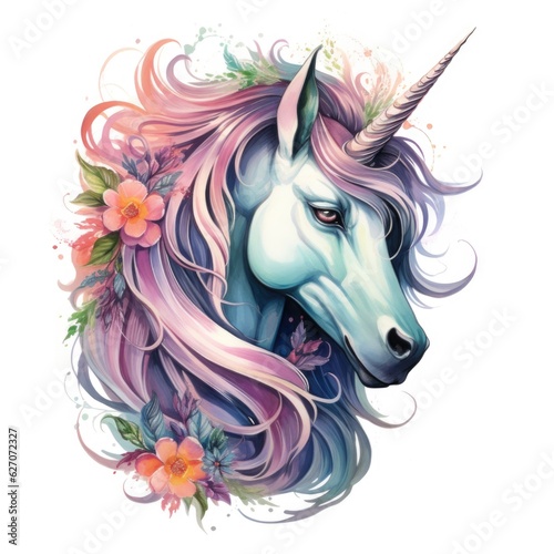 cute unicorn in watercolor style isolated on white background, Generative AI