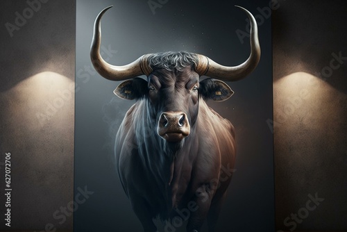 Realistic bull with horns in dark setting for marketing and advertising. Generative AI