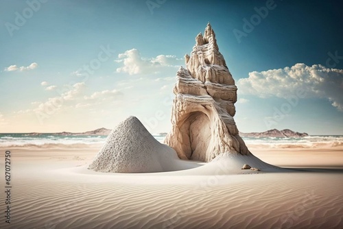 Innovative travel idea. Natural rock tower on beach with white sand and soft lighting. Ideal for adverts and posters. Space for text. Generative AI