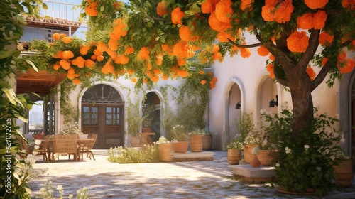  an orange tree in front of a house with potted plants. generative ai
