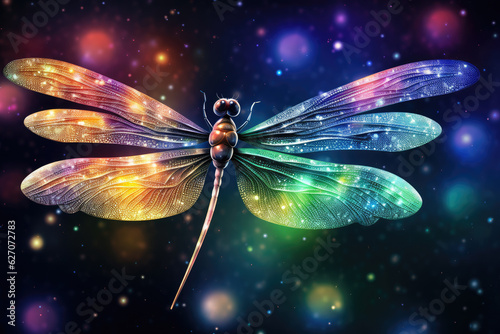 Close up of a colorful dragonfly with a colorful background