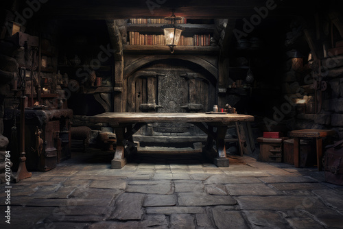 An old wooden table in front of a bookshelf in a old castle room