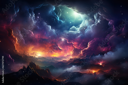 Jagged mountain fantasy landscape surrounded by a colorful nebula with stars