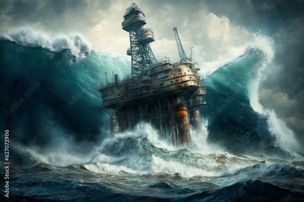 Depiction of offshore platform hit by turbulent waves. Generative AI