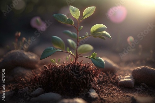 A young plant thrives in the morning sunlight on the ground. Generative AI