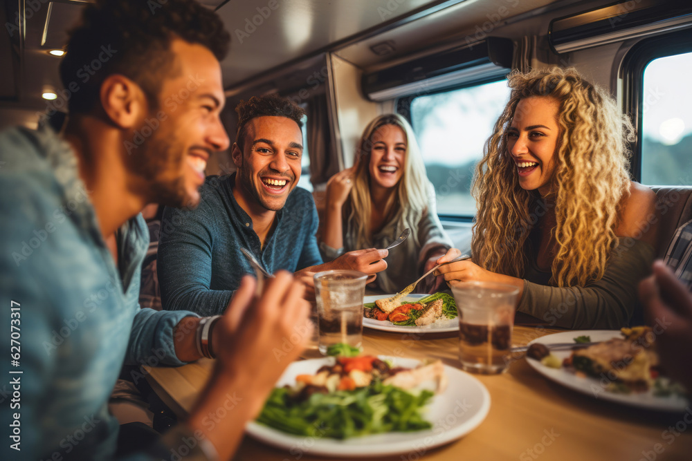 A group of friends laughing and enjoying a meal inside a well-appointed motorhome, highlighting the convenience and comfort of mobile living on a road trip. Generative Ai