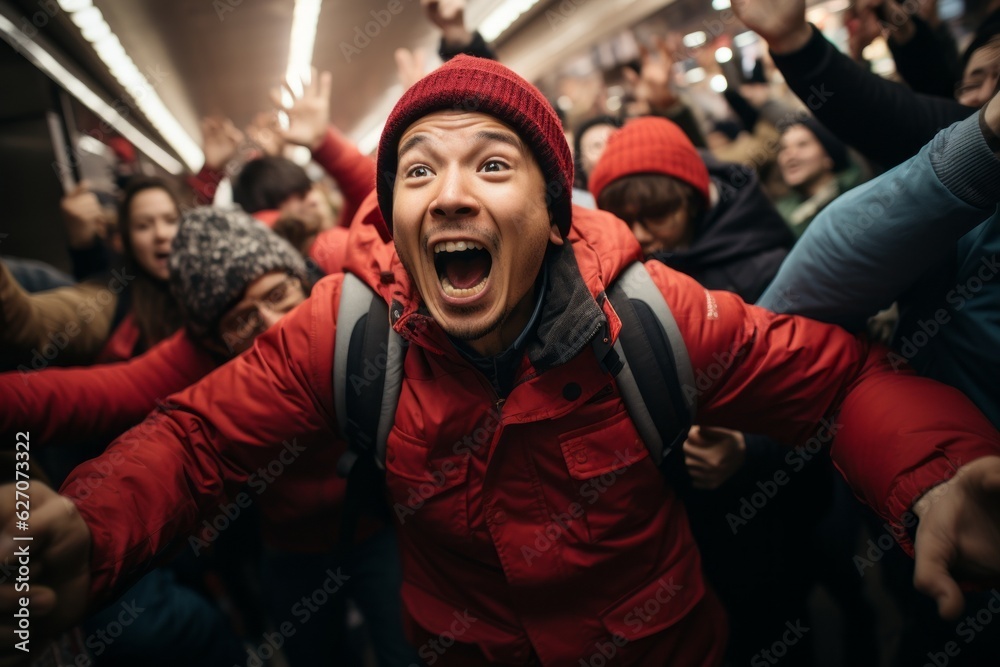 A striking image of a crowd of excited shoppers rushing into a store, showcasing the frenzy and excitement of Black Friday shopping. Generative Ai
