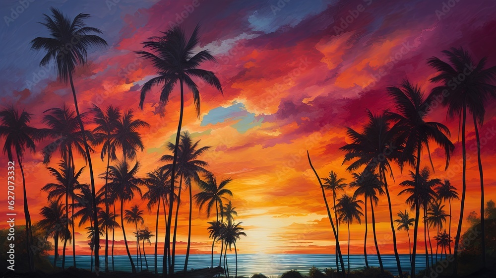  a painting of a sunset with palm trees and the ocean in the background.  generative ai