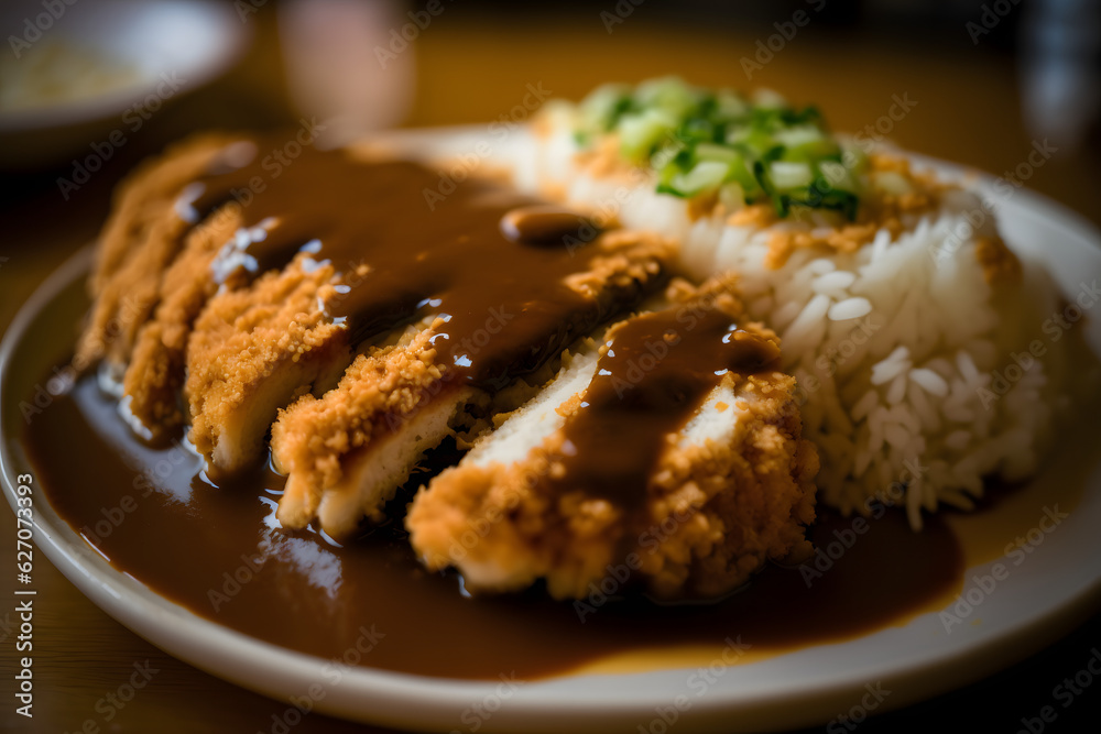 Plate of Chicken Katsu with Crispy Breaded Chicken Cutlets and a Side of Cabbage Salad, Generative AI Plate of Chicken Katsu with Crispy Breaded Chicken Cutlets and a Side of Cabbage Salad, Generative AI