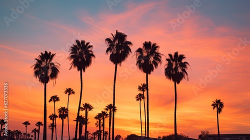  a sunset with palm trees in the foreground and a building in the background.  generative ai © Anna