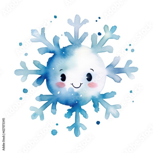 cute snowflake with face in watercolor style isolated on white background. Generative AI