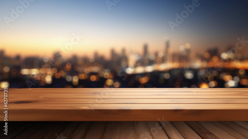 Wooden Podium Tabletop with Blurred Urban City Buildings and Lights Backdrop, Empty Product Display For Cosmetic, Food and Beauty Products