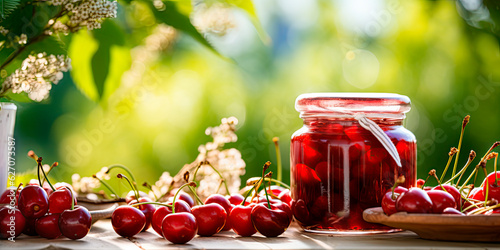 Close-up of cherry jam and fresh cherries in jars on the table against the backdrop of a natural bright garden